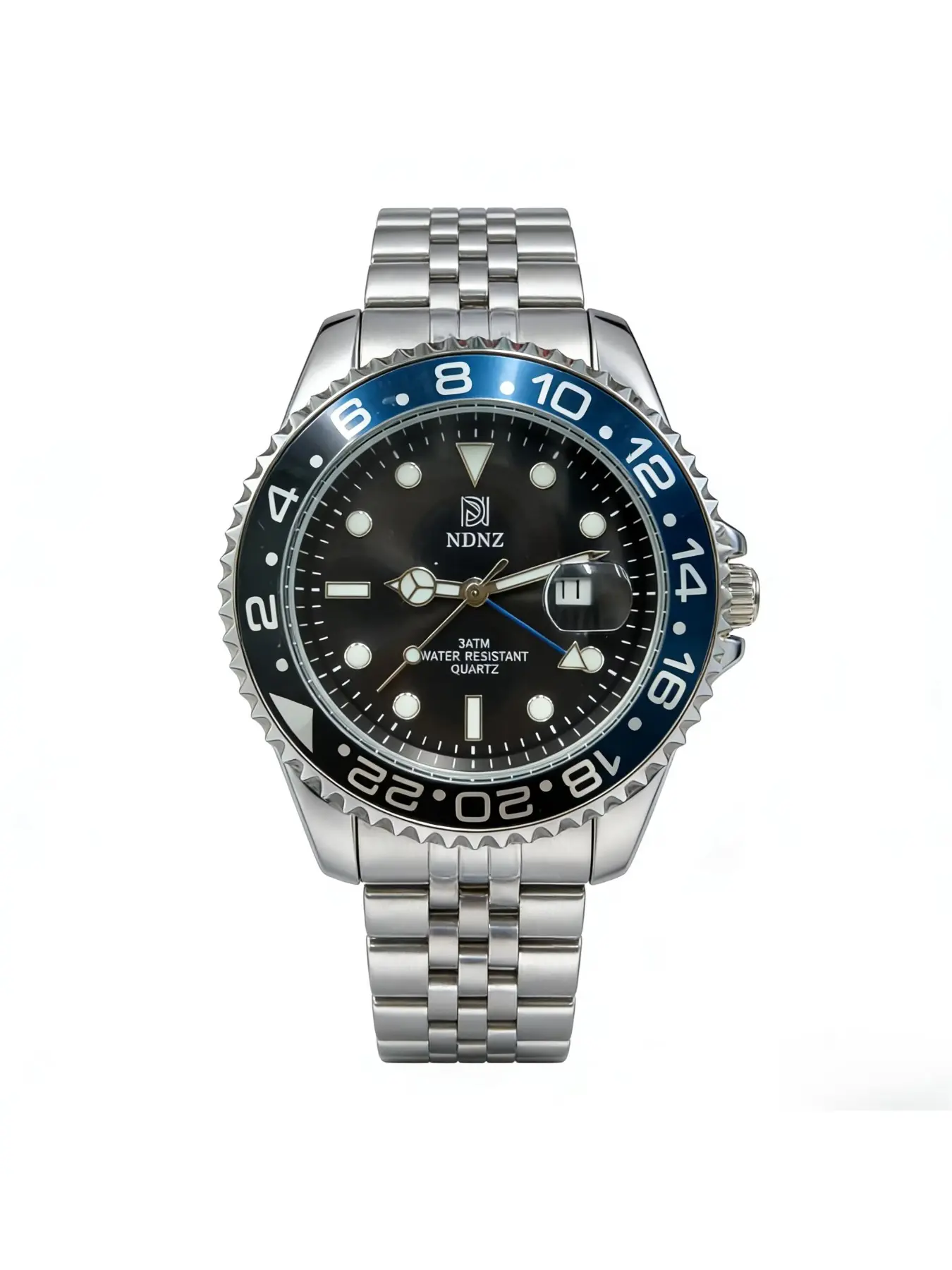 NDNZ Two-Tone Bezel GMT Watch, Men's 3Bar Waterproof Quartz Wristwatch, Stainless Steel Bracelet, Casual Business