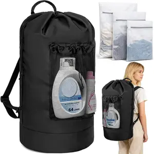 150L Laundry Bag Backpack with 3 Sizes Mesh Wash Bags and Shoulder Straps Foldable Clothes Hamper Bag with Drawstring Closure for College, Apartment, Laundromat (Black)