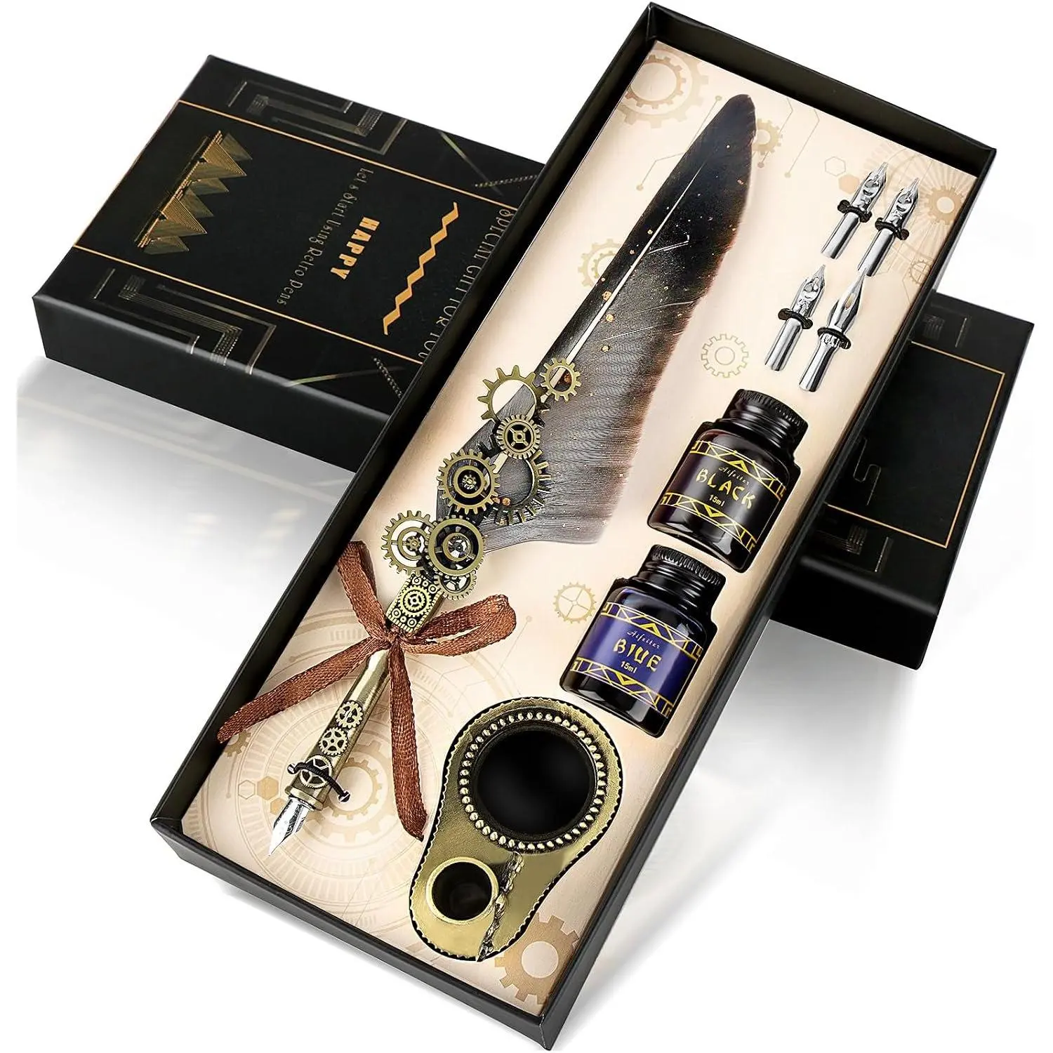 Pen ink Set,Calligraphy Pen Set,Includes:Quill Pen,2 Bottles of Color ink,2 in  Holder,4 Stainless Steel Nibs,Black  Box-Grey