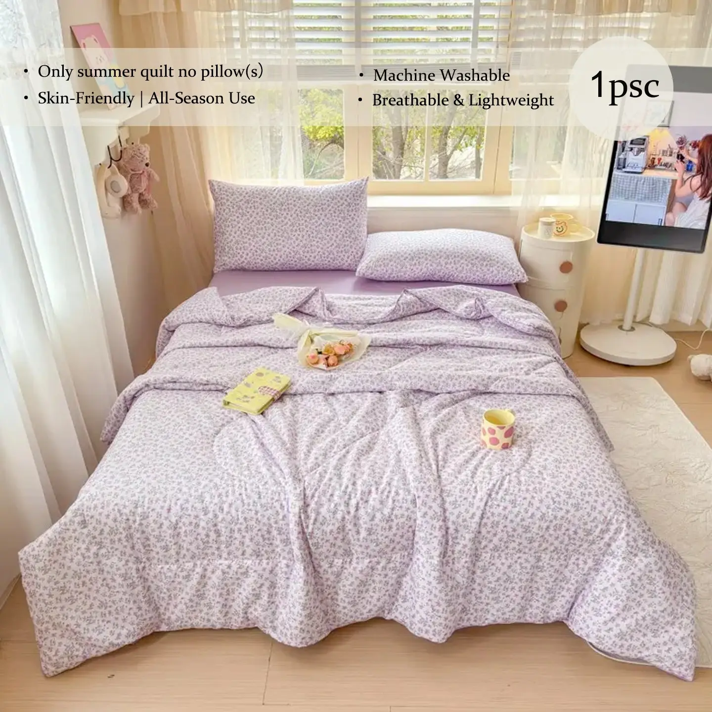 1pcs Vintage Quilted Summer Cool Touch Comforter Queen Size, Whole Piece Filling Non Shift Thin Air Conditioning Blanket, Skin Friendly Breathable Fiber Lightweight Summer Bed Quilt, Machine Washable Single Piece Multi Sizes