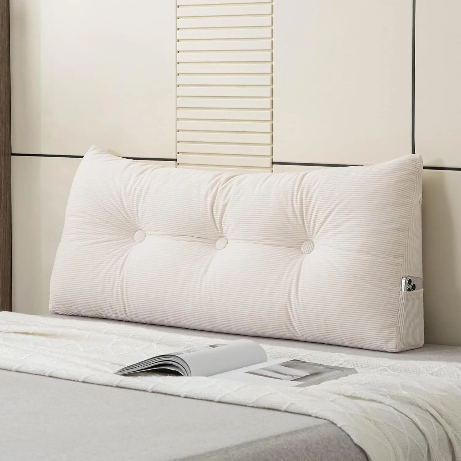 Twin XL Long Headboard Wedge Pillow with Side Pocket White Back Bolster Reading Pillow for Mattress Gap Filler for Bedroom Sofa Daybed Dorm