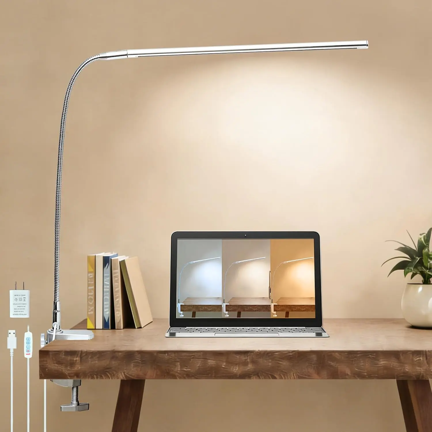 Aluminum LED Desk Lamp with Clamp, Clip on Light for Reading Study Desk Light 3 Modes 10 Brightness Flexible Gooseneck with USB Adapter Table Lamp for Home Office Computer Nail Work