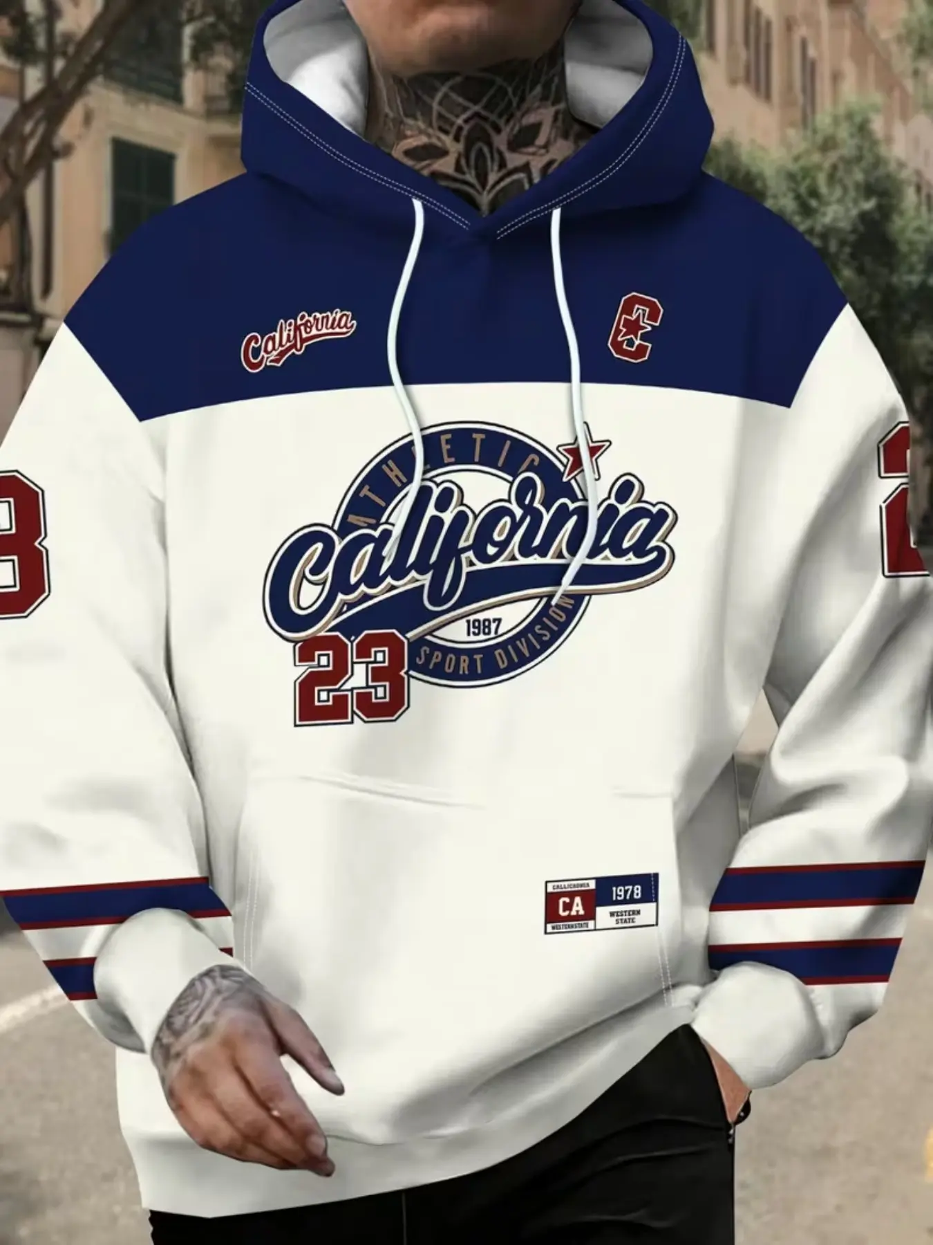 Men's California Sporty Hooded Sweatshirt, 1987 Retro Letter Print, Casual Fitted Geometric Pattern, Fall & Winter Fashion Top