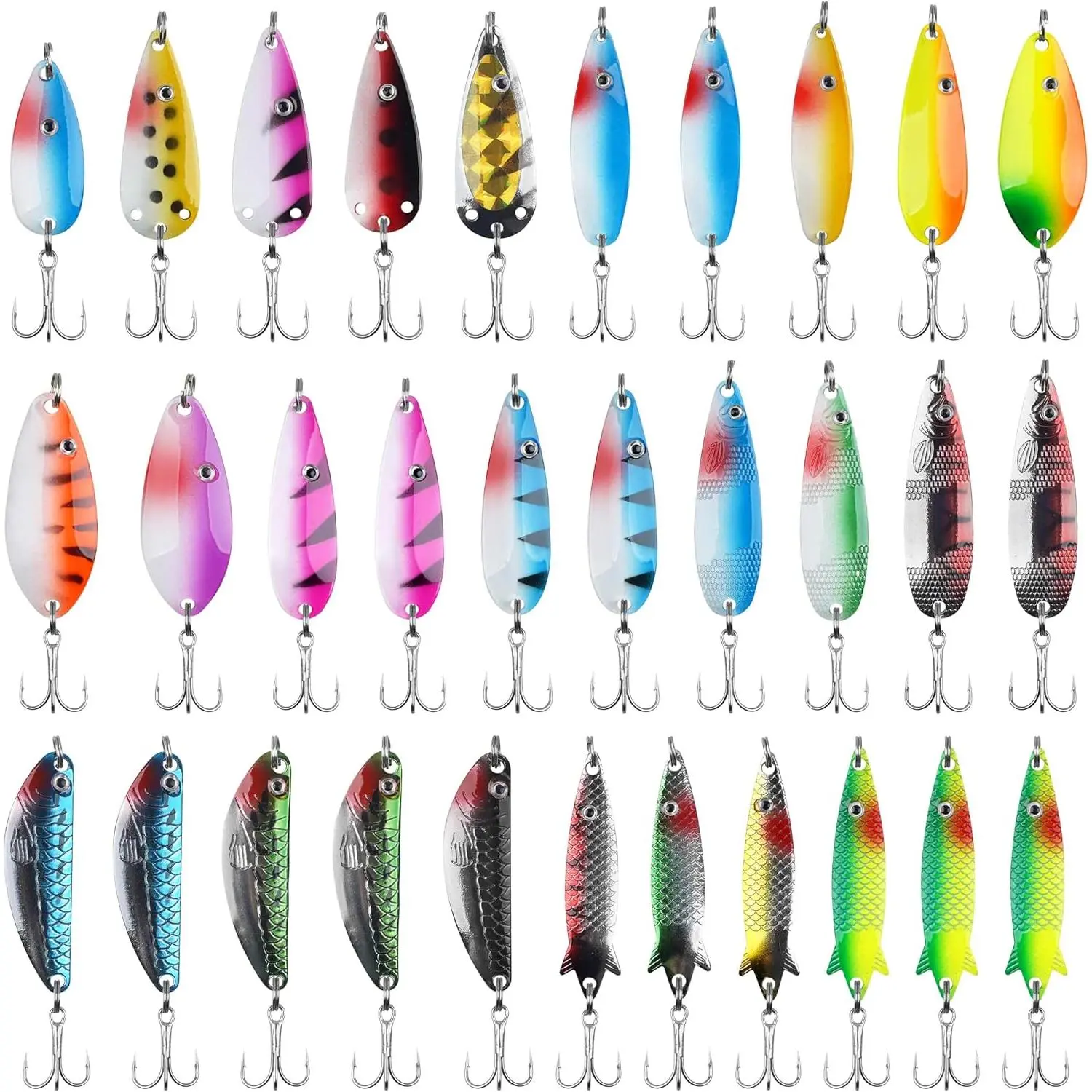 Fishing Spoons Lures Kit, 30 count Metal Spoon Fishing Lures  Spinner Baits Trout Lures Casting Trolling Spoons with Treble Hooks for Bass Pike Walleye Saltwater Freshwater