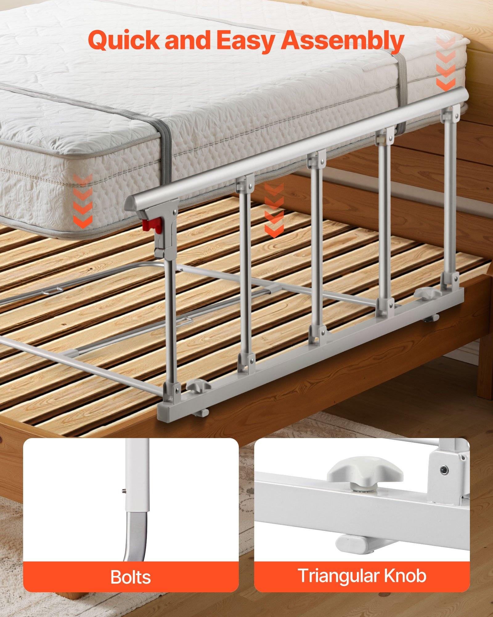 VEVOR Foldable Bed Rail for Elderly, 48 in Bedside Assist Rail with Fixing Strap, Adjustable Height Pipe Bedside Cane, High-Strength Metal Senior Bed Bar, Hand Guard Grab Fits King, Queen, Full, Twin