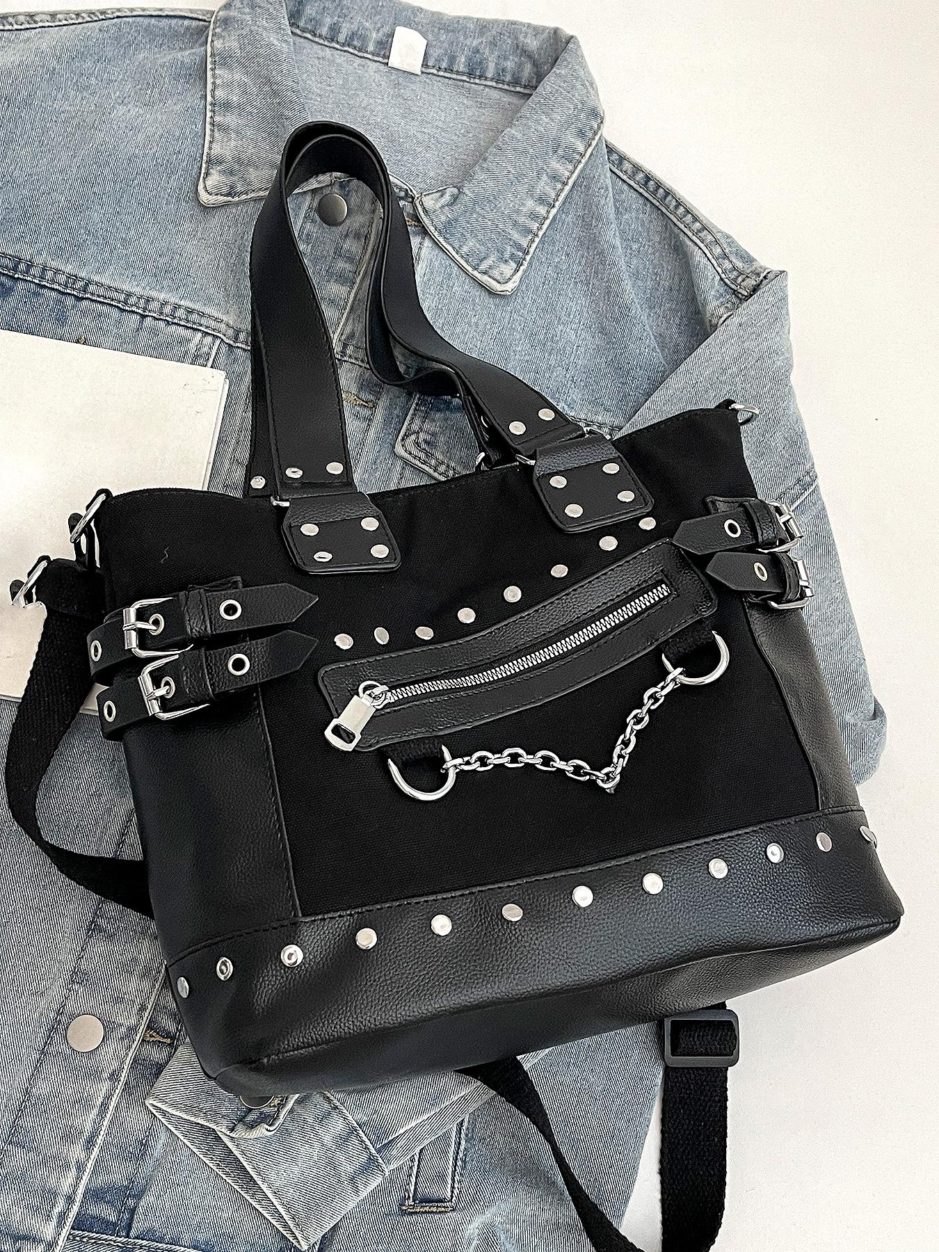 Niche Design Punk Style Rivet Chain Tote Bag, Casual Commuter Bag, Multi-pocket Functional Shoulder Crossbody Bag, Dark Hardware Decorated Handbag, Pu Tote Satchel, Street Style Fashion Trendy and Versatile, Suitable for Daily Travel, Etc