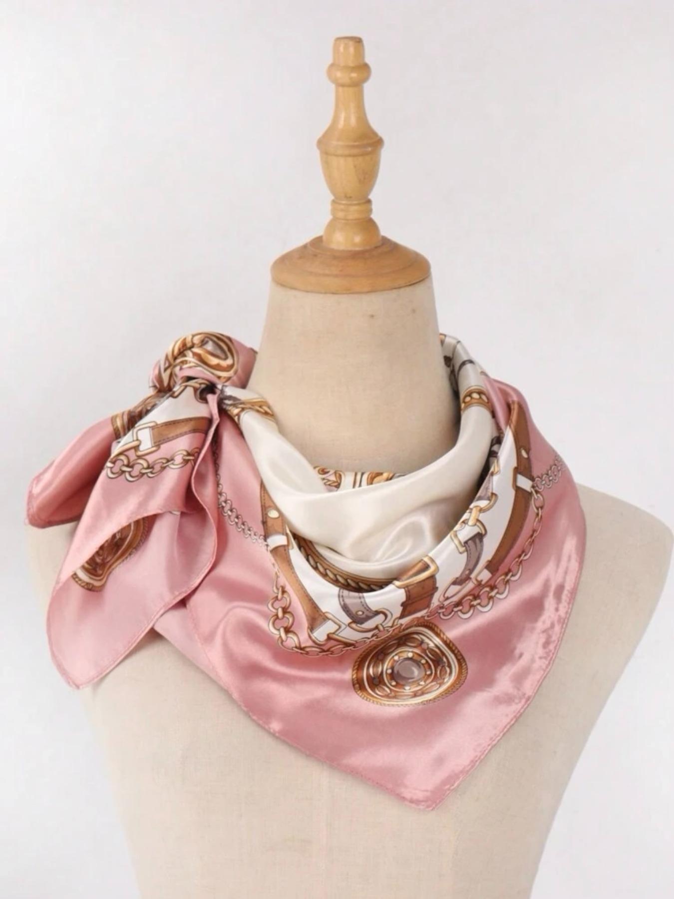 90cm Stylish Satin Square Scarf for Women, Fashionable Vivid Silk Feel Headscarf, Versatile Accessory for Any, Chain Printed Scarf