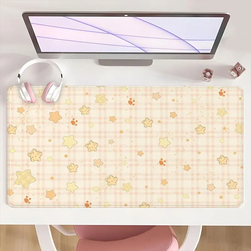 [Mouse Desk Pad] Non-Slip Mouse Pad Large Gaming Mouse Pad With Rubber Base & Stitched Edge Kawaii Pink Starry Pastel Dots Design Desk Top Protector Mat For Home Office Gift