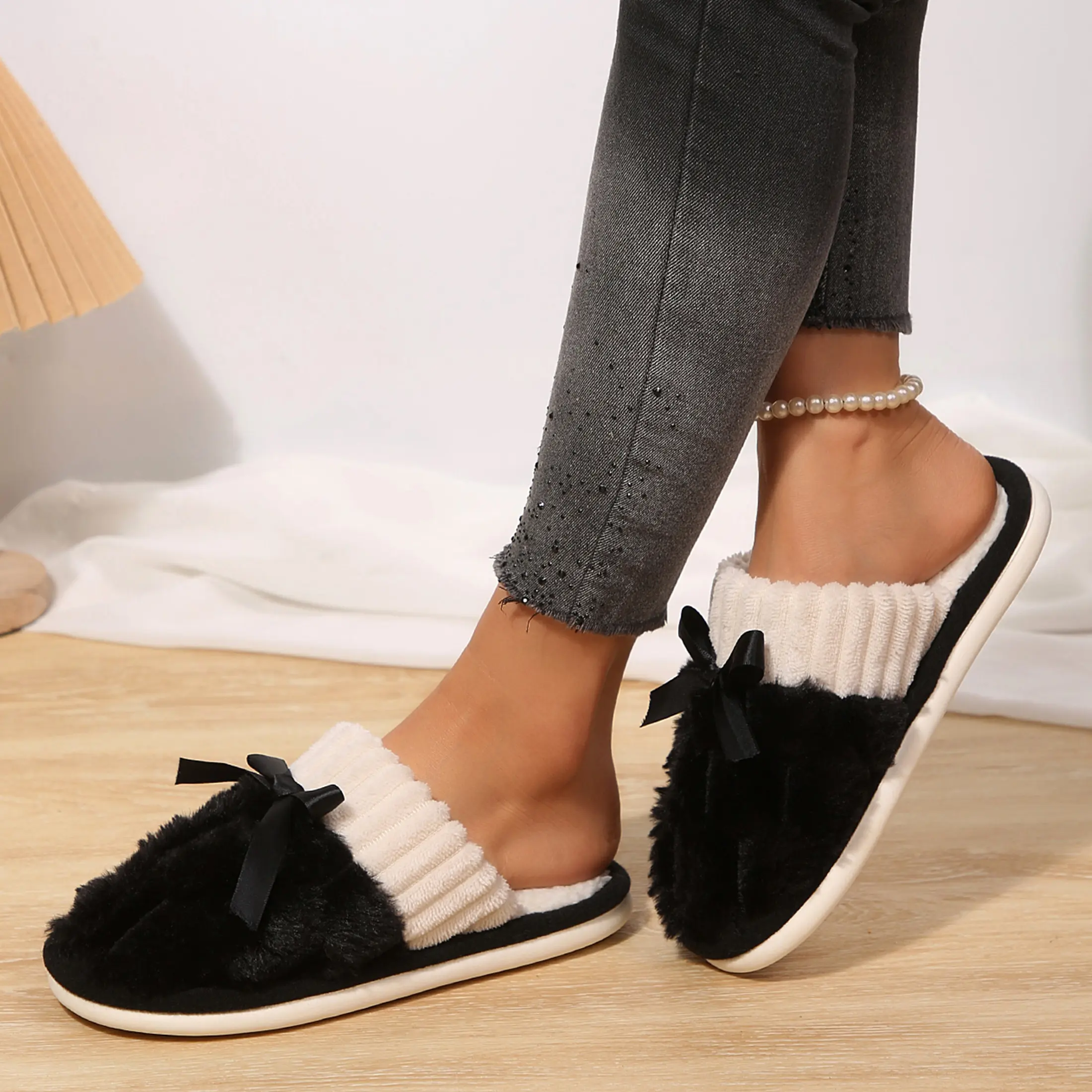 Soft Fluffy Fuzzy Slippers for Women Elegant Satin Bow Plush House Slides Perfect Gift for Her