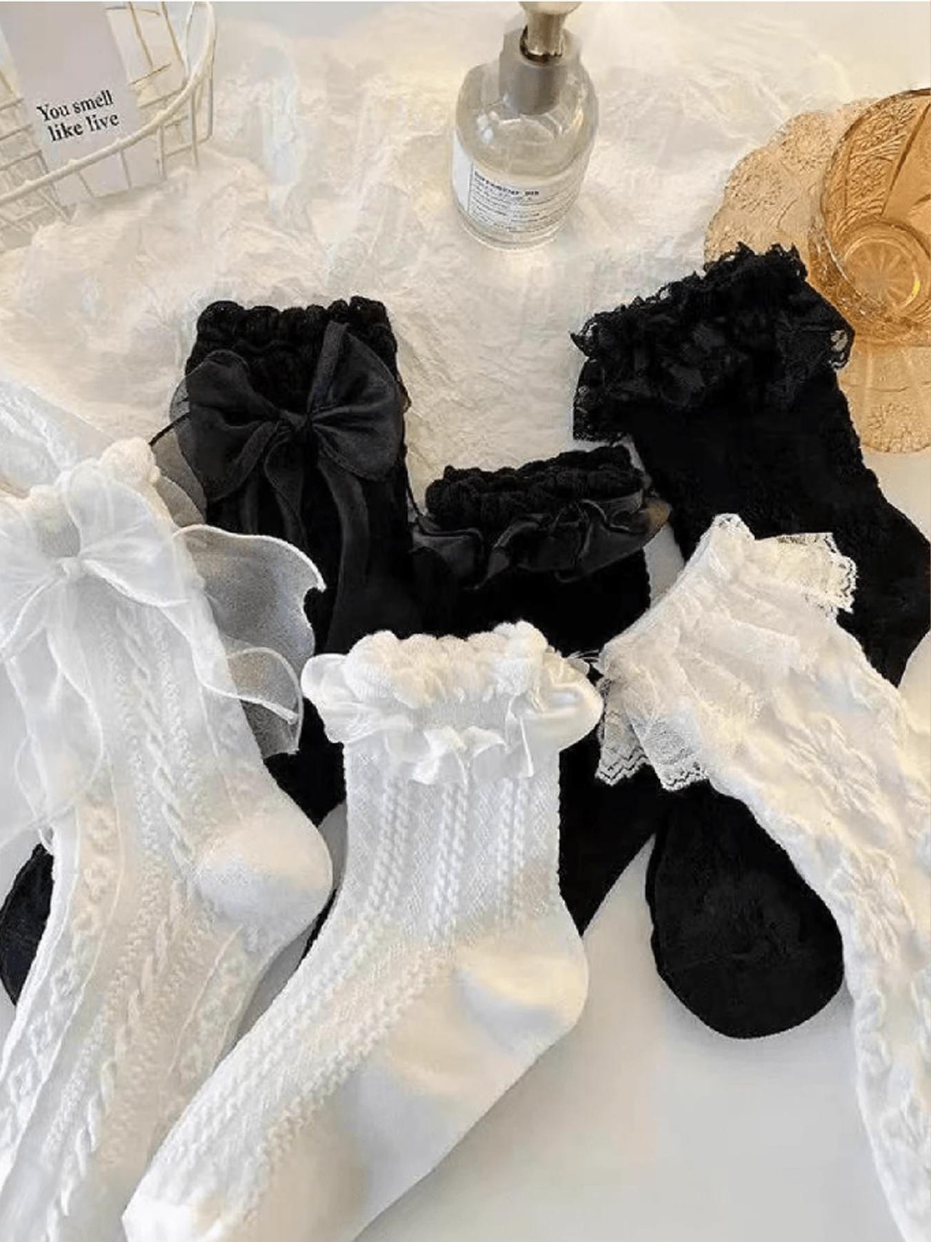 6 Pairs of Cute and Simple Women's Lolita Lace Bow Mid-Calf Socks, Comfortable Breathable Design for Everyday Wear, Lace Crew Socks, Floral Lace Socks
