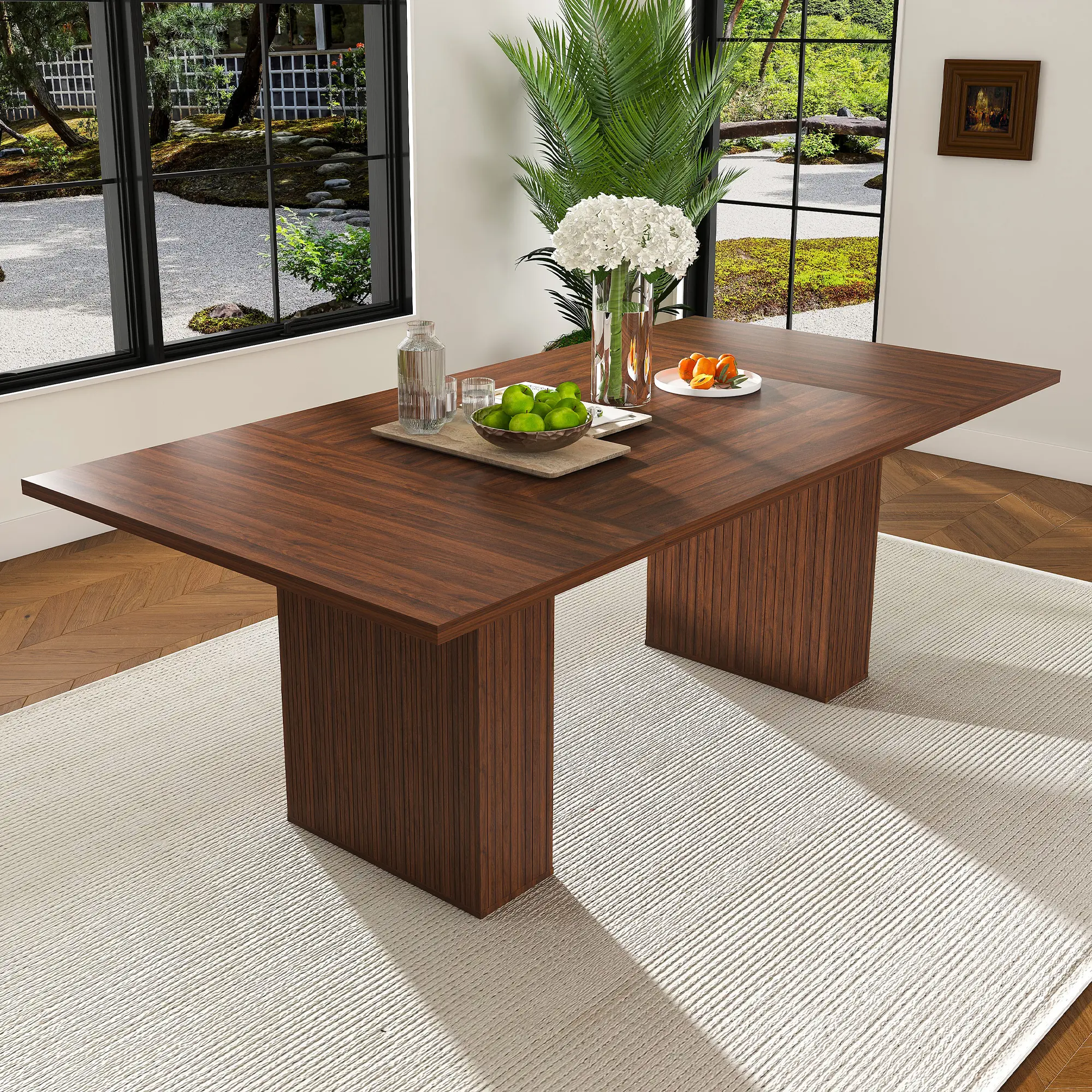 ARCH 78in Modern Farmhouse Rectangular Dining Table - Natural Wood Veneer MDF, Walnut Finish, Built-In Storage Base, Indoor Kitchen/Dining Room Furniture for 6 People, For Six People