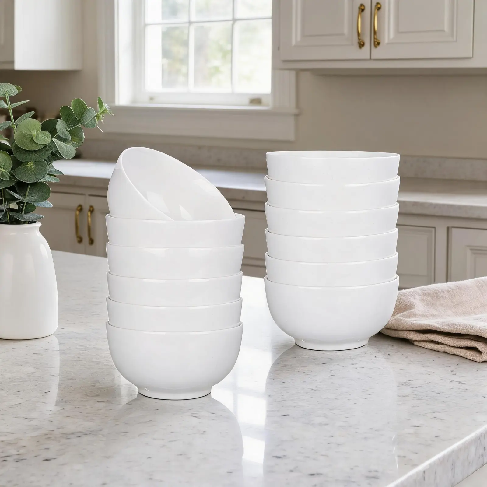 Set of 8 Porcelain Bowls – 10 oz Stackable Ceramic Serving Bowls in White – Microwave & Dishwasher Safe – Space-Saving, Multi-Purpose for Cereal, Soup, Salad, Dessert & Snacks – Sturdy Everyday Kitchen Essentials