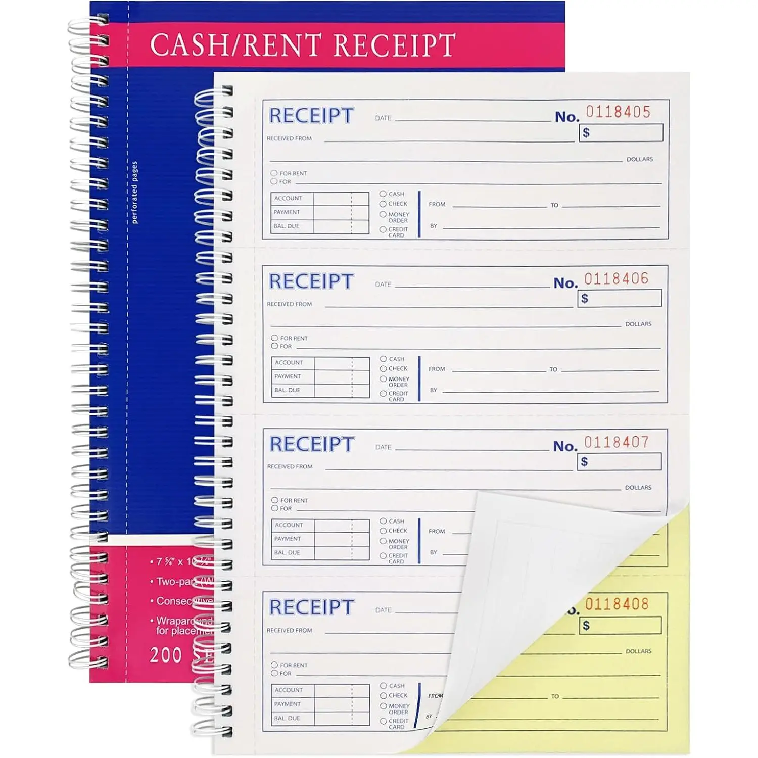 Spiral  and Rent Receipt Book, 2-Part Carbonless (8.5"x11"), 100 Sheets, 4 Receipts per Page, Sturdy 350gsm Paper for Financial Documentation