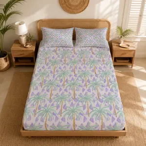 Tropical Palm Tree Print Fitted Sheet Set, 3 Pieces (1 Fitted Sheet and 2 Pillowcases), Pillow Inserts Not Included, Coastal Vacation Style Single-Sided Printed Elastic Bed Sheet Set for Bedroom, Dorm, Apartment and Guest Room