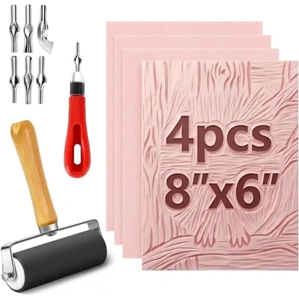 6 Pack Linocut Kit for Printmaking, 4 Pcs Rubber Stamp Carving Blocks