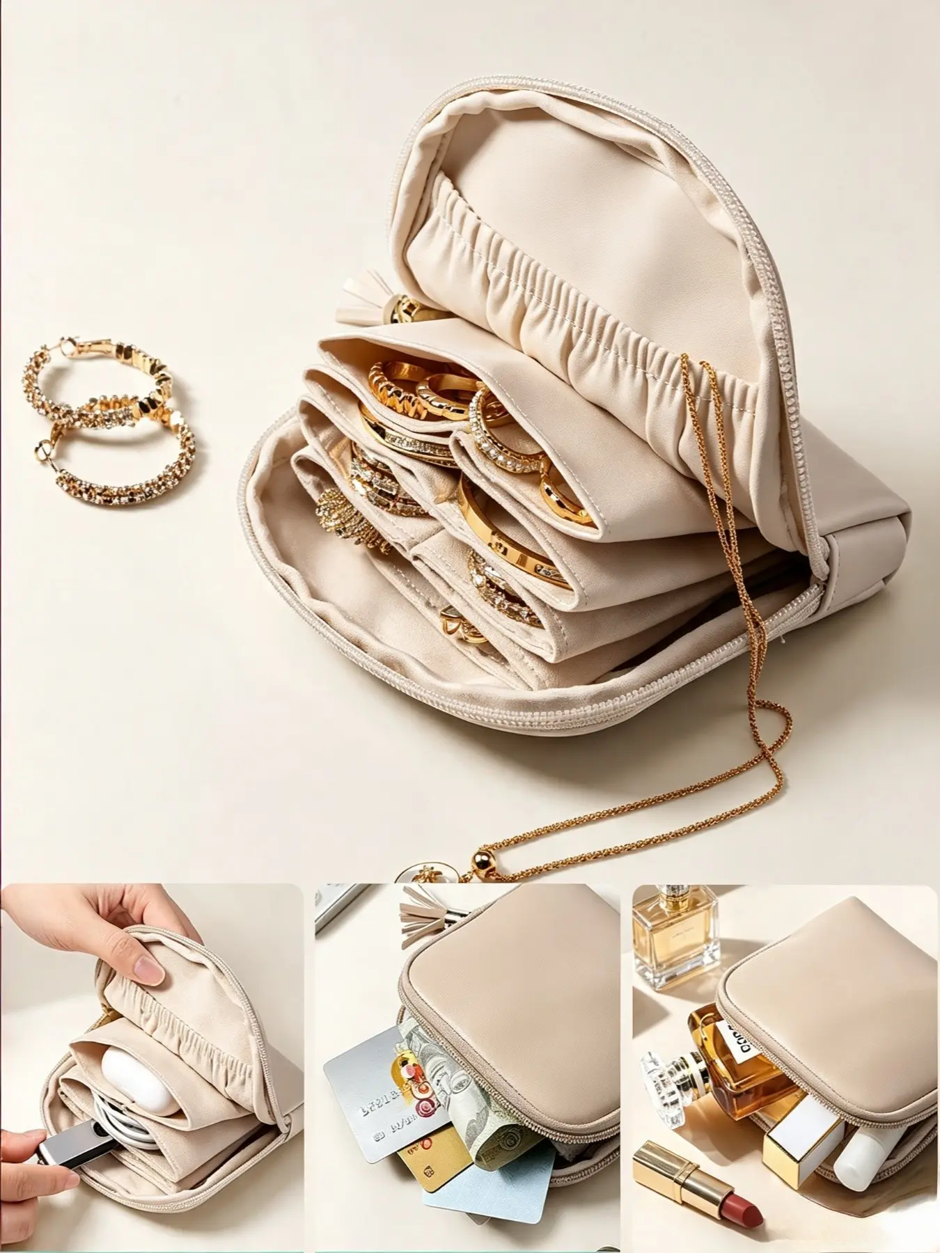 Portable Travel Jewelry Bag, Multi-Layer PU Leather Organizer, Fringe Zip Design, Foldable, for Rings Earrings Bracelets Watches, Women's Cosmetic Pouch