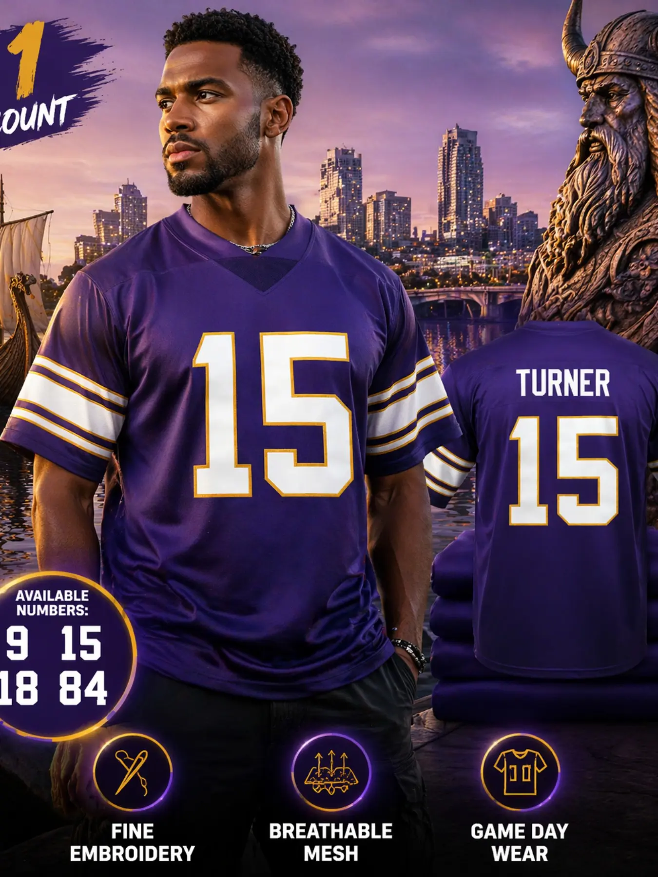 Men's Minnesota #9 #15 #18 American Football Jersey,Vintage Short Sleeve Embroidered Rugby Jersey, Loose Fit Sporty Style, Breathable Comfort Sportswear for All Seasons, Unisex Design