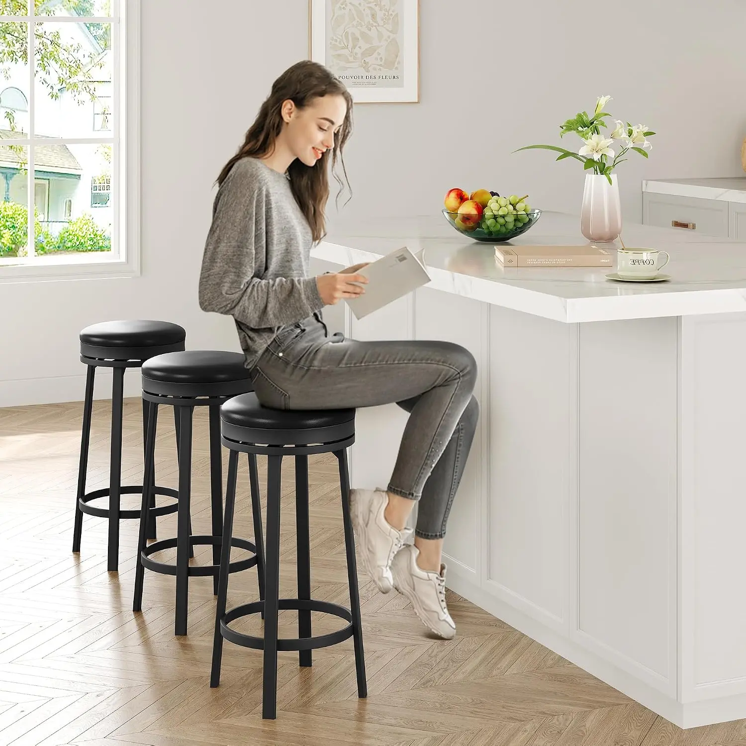 Garvee Modern Swivel Bar Stools Set – Backless 30-Inch Counter Height, 360° Rotating PU Leather Seat, Adjustable Metal Frame, Footrest, Waterproof, Easy to Clean, for Kitchen Island, Home Bar, Game Room – Black or Brown