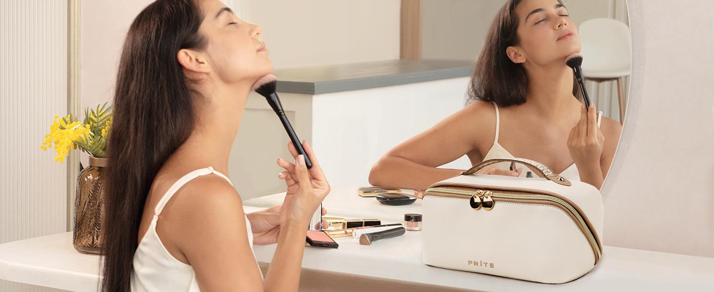 Prite Makeup Bag for Women Travel Waterproof Vegan Leather Cosmetic Bag Open Flat Toiletry Bag With Clear Divider and Handle (Beige)