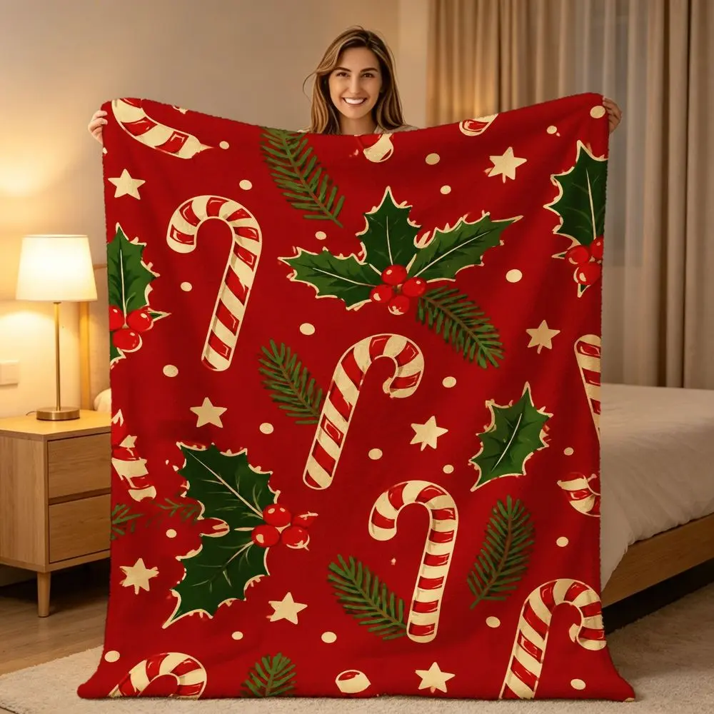 Christmas Red Plush Throw Blanket with Candy Cane Holly Golden Star Print Soft Fleece Decorative Blanket for Bed Sofa Chair Festive Home Decoration Gift for Family