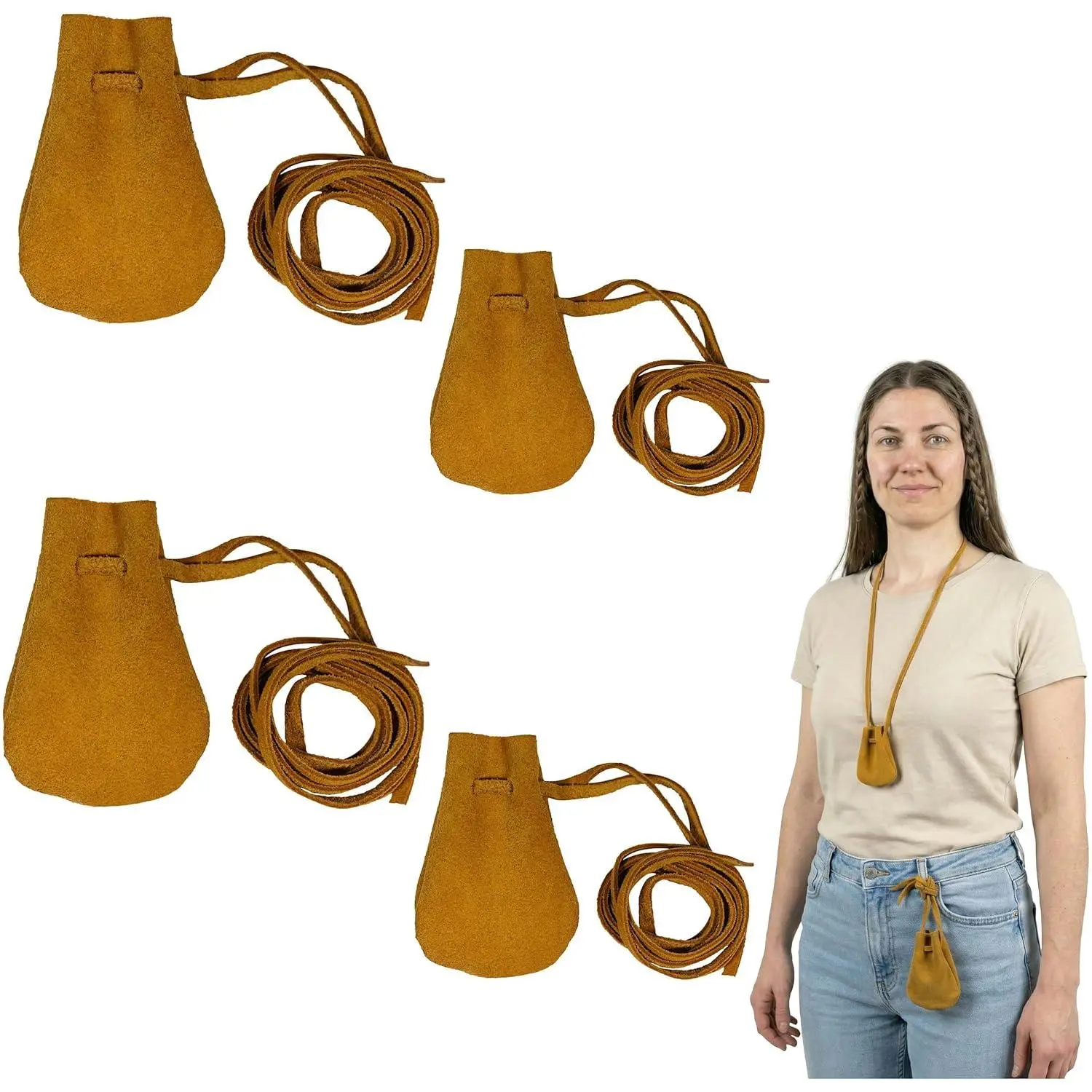 Small Trinket Pouches Pack of 4, Suede Leather Drawstring Coin & Dice Bags for LARP, SCA, Viking & Medieval Events Color : Yellow