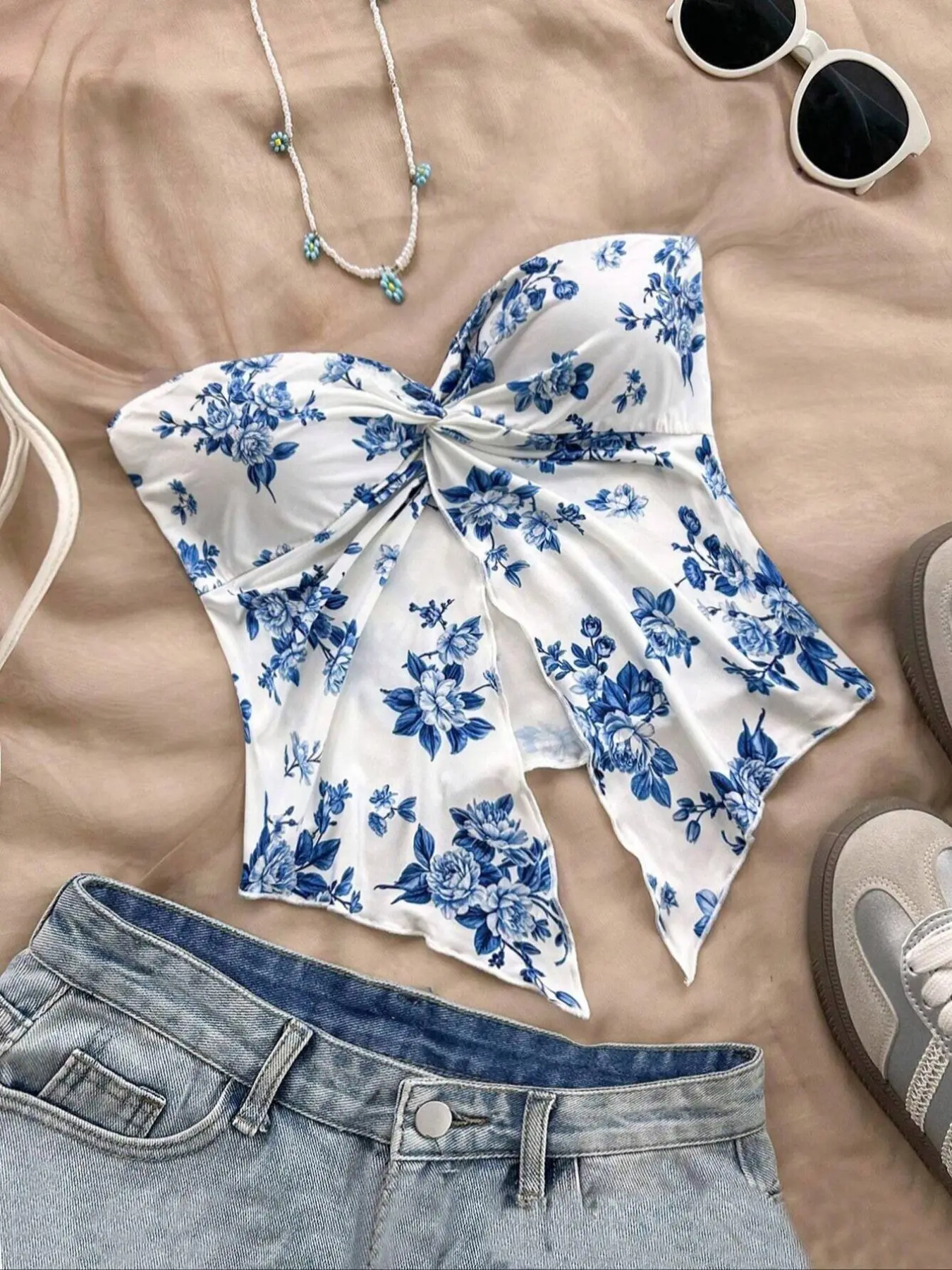 Women's Floral Print Tube Top, Casual Fitted Sleeveless Split Hem Top for Summer, Ladies Clothes for Daily Wear