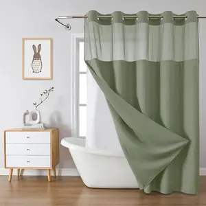 SageGreen No Hook Waffle Weave Shower with snap-in Liner, 230GSM Waterproof Hotel Shower Set for, Through Mesh Top Window,71Wx74H