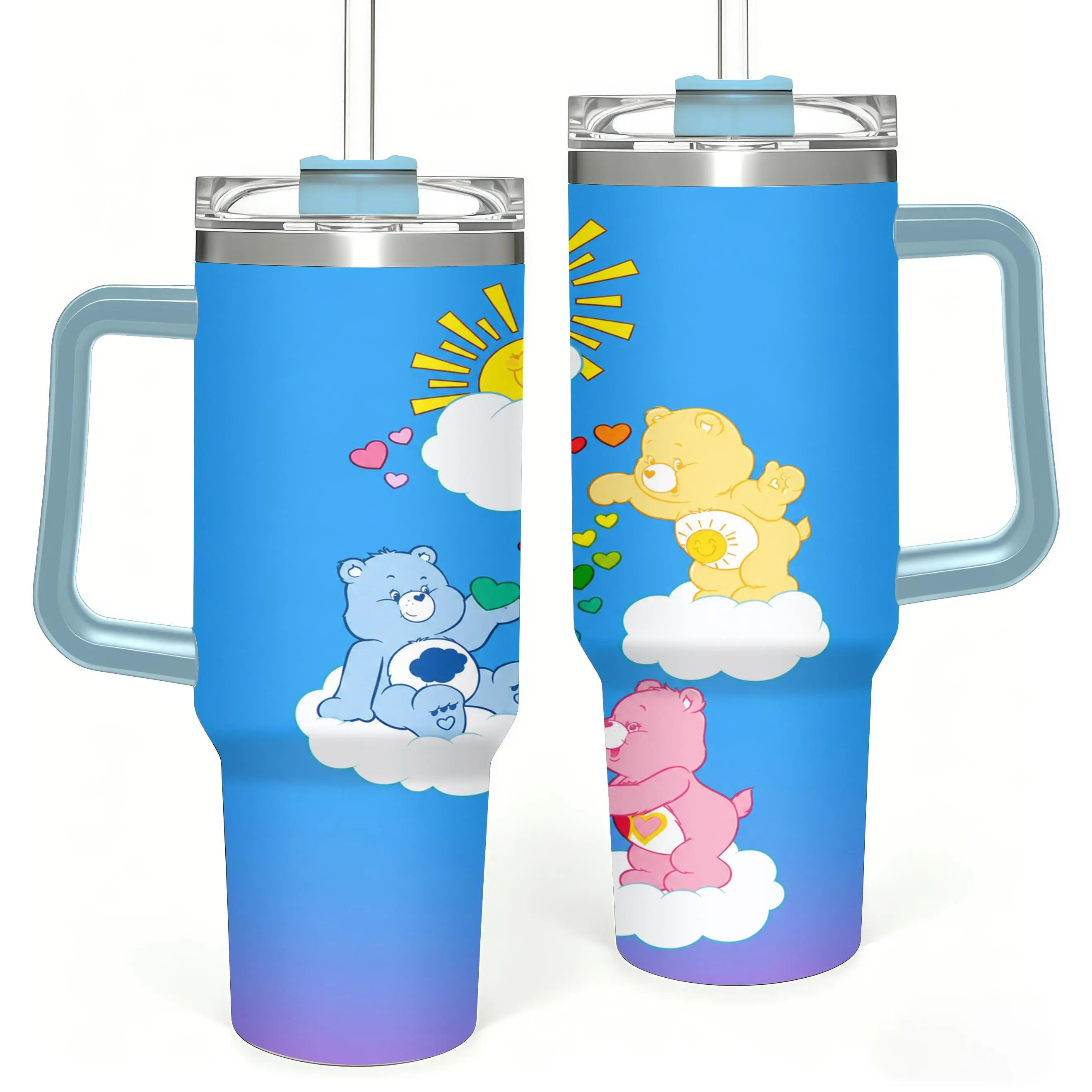 Colorful Care Style Bears Sitting On Cloud Sun Floating Hearts Gradient Blue Print 40oz Handle Straw Stainless Steel Tumbler, Cute Cartoon Daily Drinking Cup, Halloween Christmas Birthday Gift For Cartoon Bear Lovers Kids Adult Friends