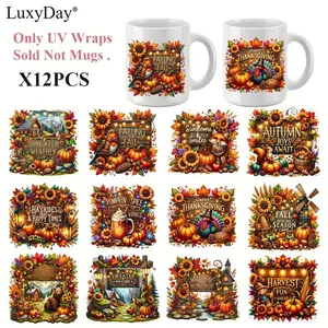 12 sheets/set of UV DTF cup wrap transfer stickers - durable friction transfer stickers suitable for glass cups. Durable UV DTF stickers can decorate mugs, laptops, notebooks, and flower pots. Suitable as DIY art handmade labels for gift decoration