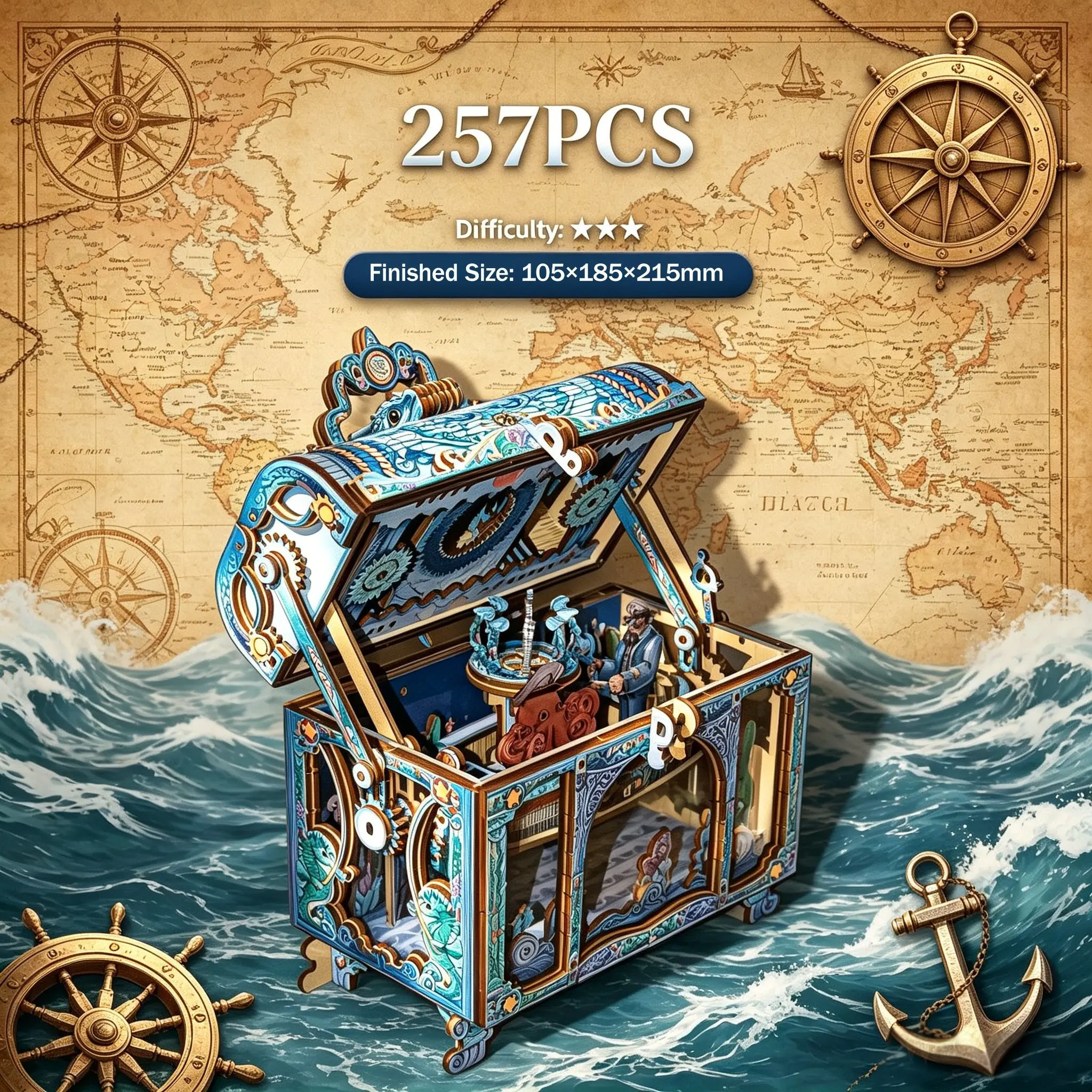 Tidal Light Wooden Treasure Box, Vintage Underwater Chest, Handmade Puzzle Toy, Desktop Decoration, Medium-Density Fiberboard