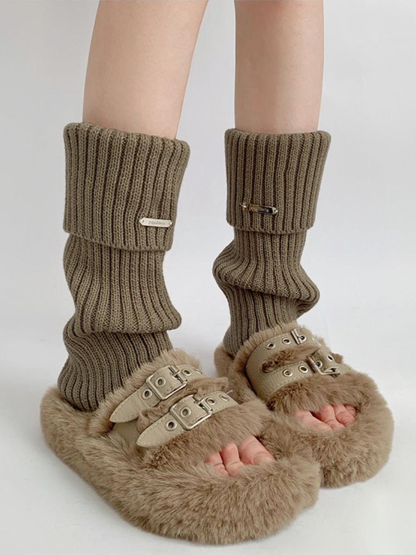 Women's Basic Solid Color Leg Warmers with Metal Label Detail, Minimalist Fashionable Cozy Warm Leg Warmers for All Seasons, Women's Long Leg Warmers for Daily Wear