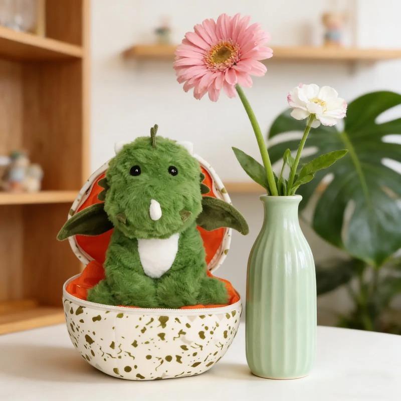 Dinosaur Egg Plush Toy, Soft Green Dragon Stuffed Doll with Egg Shell, Cute Reversible Plushie Gift for Kids & Dinosaur Lovers