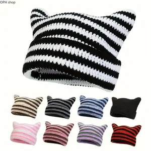 Unisex Handcrafted Little Devil Cat Ear Knit Beanie - Soft, Warm, Stretch-Fit Y2K Hip Hop Streetwear Skull Cap - Cozy Winter Outdoor Travel Accessory, Machine Washable Fashion Headwear