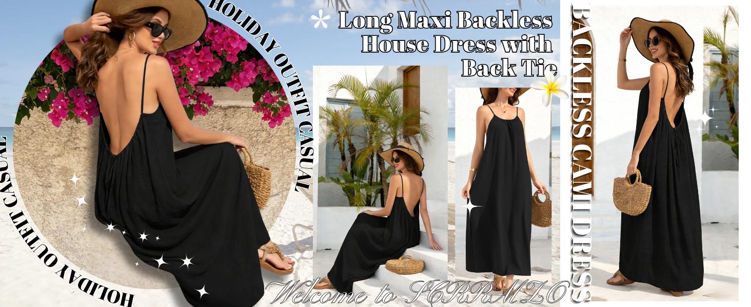 Backless Cami Dresses for Women Cami Lounge Dress Backless Sleeveless House Dress Long Sundress with Back Tie