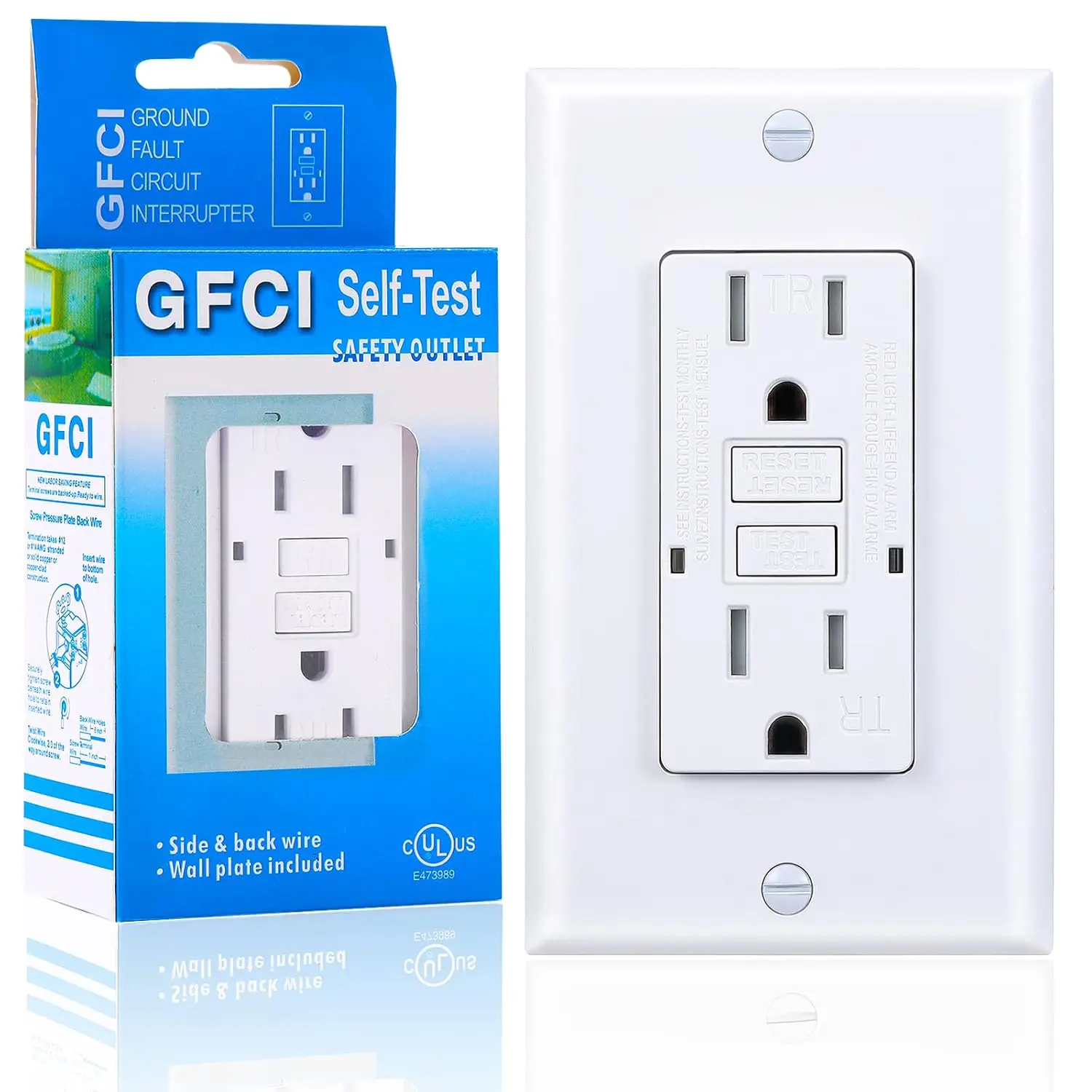 GFCI Outlet, Tamper-Resistant GFI Receptacle with LED , Self-Test Ground Fault Circuit Interrupter, Decorator Wall Plates and Screws Included, UL Listed, White (White, 15A 1 Pack)