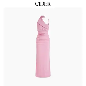 Cider Mesh Halter Neckline Ruched Maxi Dress With Scarf