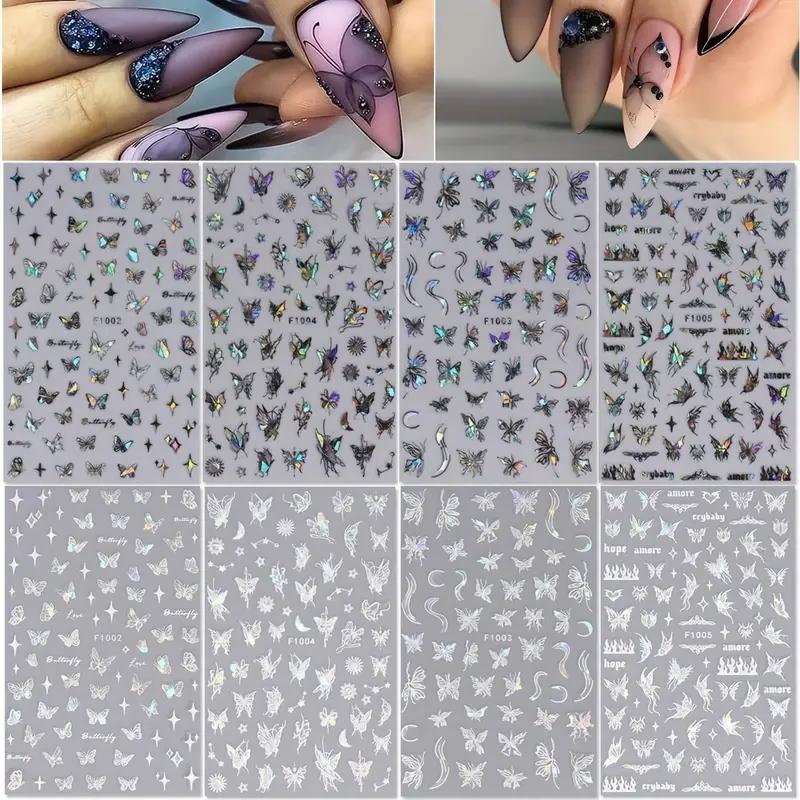 Butterfly Pattern Nail Art Sticker, 8 Sheets/bag 3D Self-adhesive Nail Art Supplies, Holographic Laser Glitter Butterfly Nail Design Nail Stickers