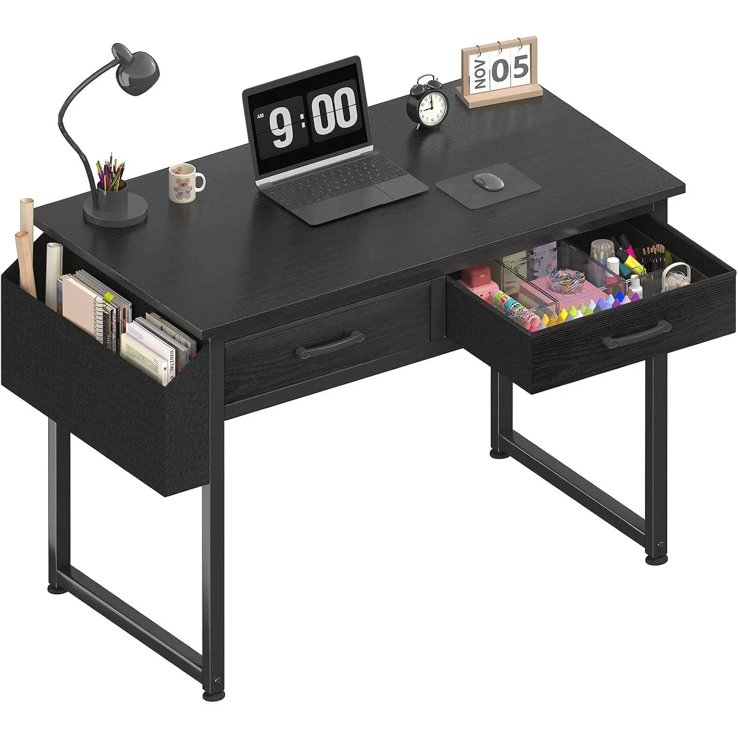Small Desk with Fabric Drawers for Bedroom, 32 Inch Gaming Desk with 2 Drawers for Small Space, Study Writing Table PC Desks, Black