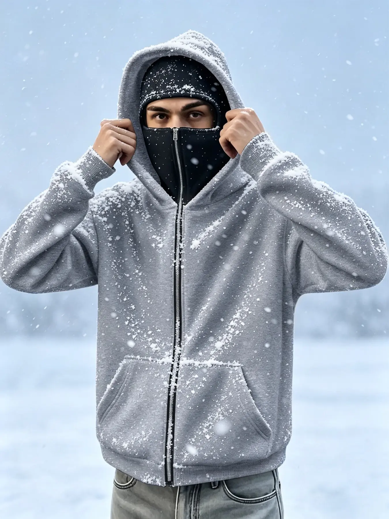 Men's Winter Hooded Sweatshirt, Zipper Face Mask Design, Kangaroo Pocket, Warm Fleece Material, Street Style, Ideal for Skiing and Outdoor Activities