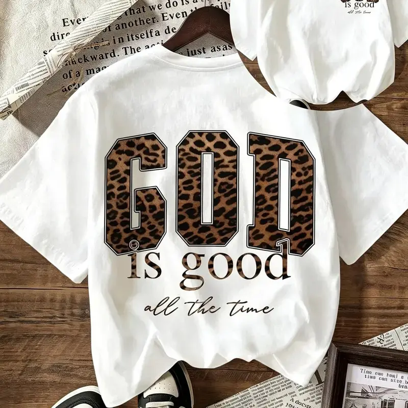 Women's Vintage Leopard Faith Graphic T-Shirt - Cotton, Soft, Drape Fabric, Everyday Fit, Casual Round Neck Short Sleeve Sports Top for Summer Outdoor Activities