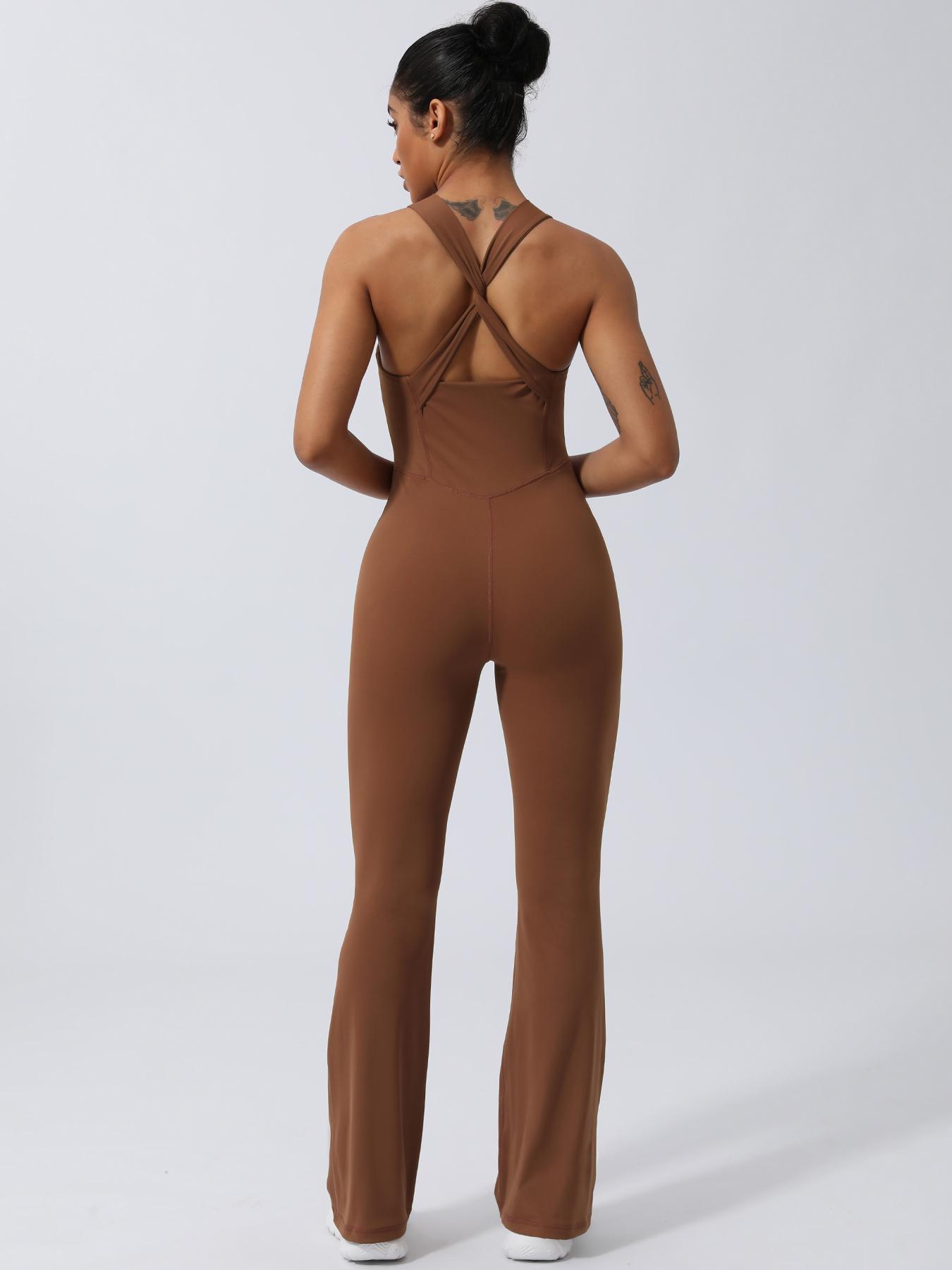 Women's Solid Criss Cross Backless Sports Jumpsuit, Casual Sporty Sleeveless Twist Jumpsuit for Yoga Gym Workout, Ladies Sportswear for All Seasons