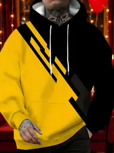 Men's Hooded Sports Sweatshirt, 3D Printed Geometric Stripes, Colorblock Design, Unique Choice for Men, Stylish and Comfortable