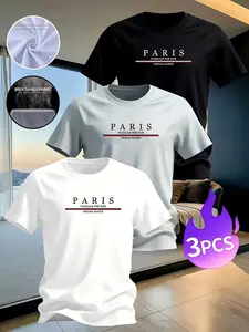 3-Pack Summer Men's Letter Print Casual Fitness T-Shirts, Trendy Stylish Versatile Sports Daily Wear, Multiple Combinations