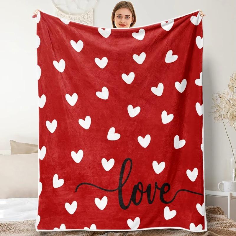 Valentine Throw Blanket, Red Love Hearts Flannel Warm Soft Cozy Fluffy Bed Couch Blanket, Romantic Home Chair Decoration