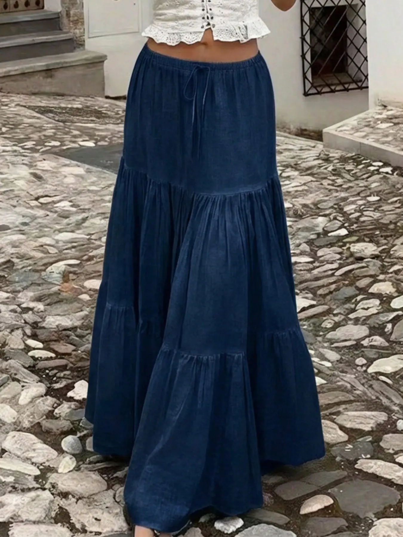 Women's Long Layered Skirt, Drawstring Waist, Casual Fabric, Non-Elastic, Perfect for Daily Wear, Comfortable and Stylish