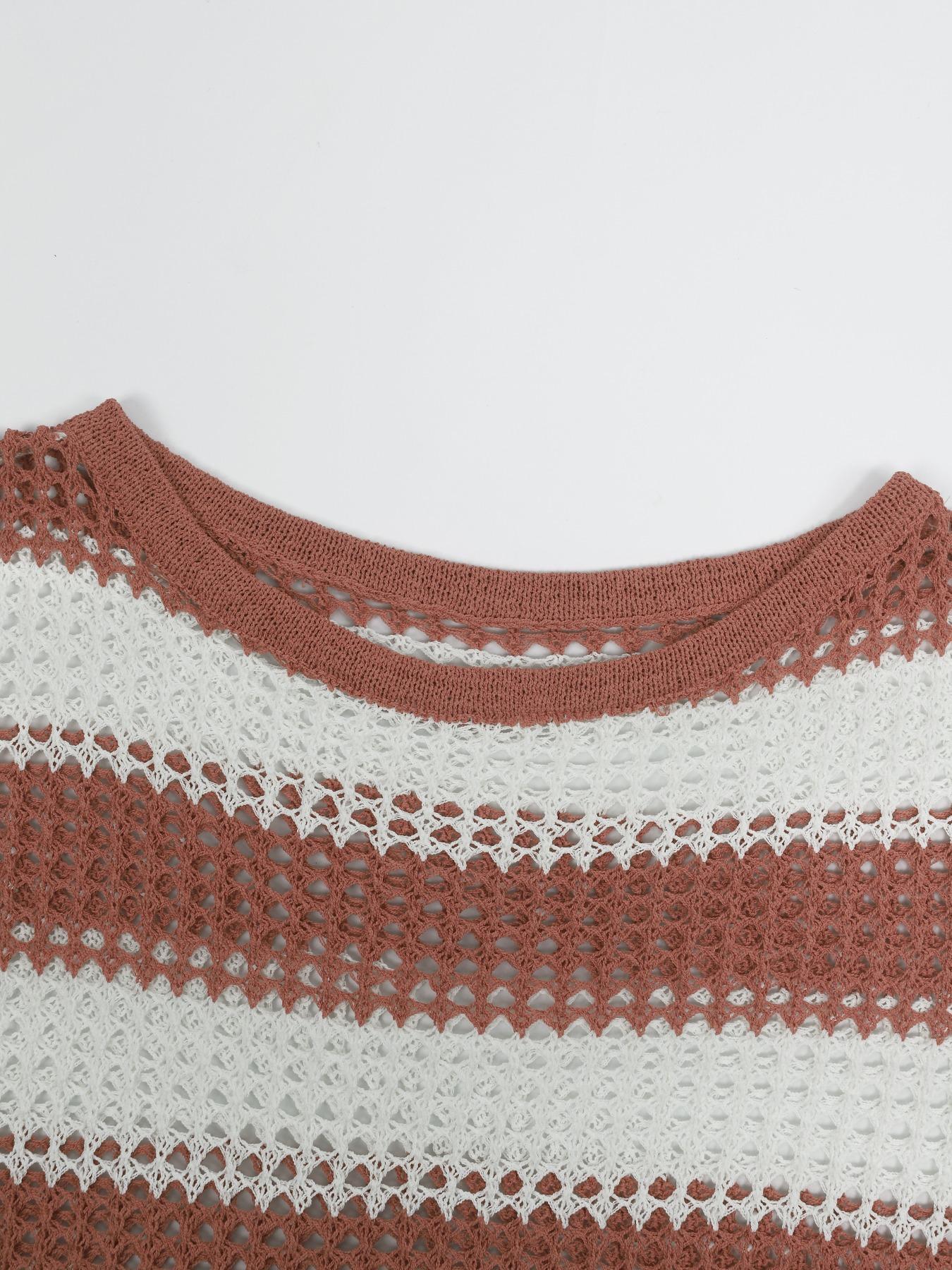 Women's Striped Print Hollow Out Sheer Drop Shoulder Sweater, Casual Long Sleeve Boat Neck Jumper for Spring & Fall, Fashion Women's Knitwear for Daily Wear