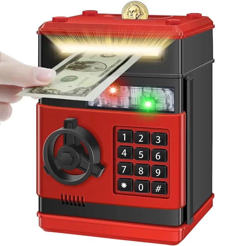 Piggy Bank for Girls Boys Large Money Coin Banks with Password Protection, Automatic Paper Money Scroll Saving Box, Christmas Gift for (Black-Red)