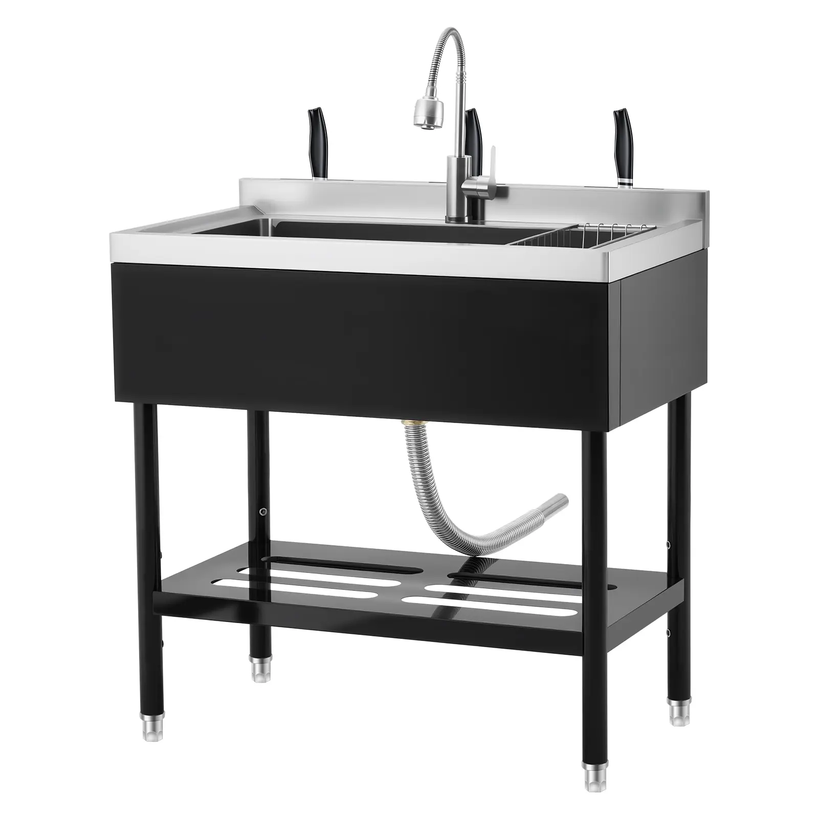 GAOMON Freestanding Double Bowl Utility basin - Commercial Stainless Steel, 360° Swivel Faucet, Drain Basket, Storage Shelf, Adjustable Feet, Easy Assembly - Restaurant Laundry Garage Indoor Outdoor - Color: Black