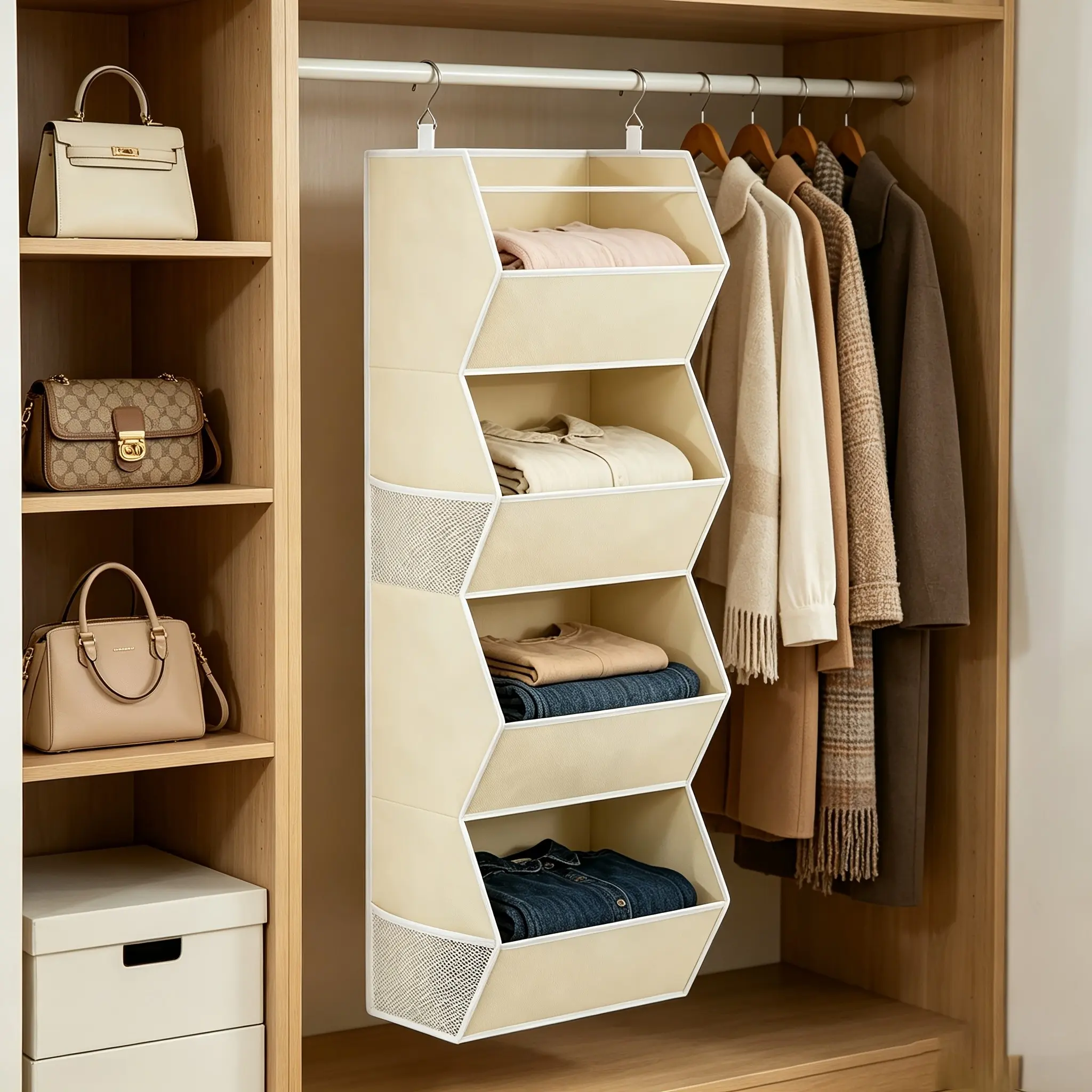 Wall-Mounted Closet Organizer Rack, 4-Tier Design, Foldable Storage Basket, Space-Saving Bedroom Cabinet System, Ideal for Home, Dorms, Rvs, Closet Organization