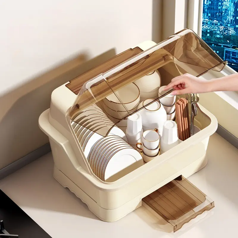 Space-Saving Dust-Proof Kitchen Rack, Versatile Dish Rack with Drain Pan, Cream Color, Ideal for Countertops & Cabinets